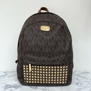 Michael Kors Studded Signature Logo Coated Canvas Backpack Brown